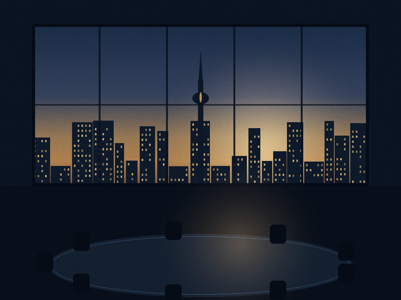 A quiet, modern corporate boardroom with a long table overlooking the downtown Toronto skyline in soft daylight