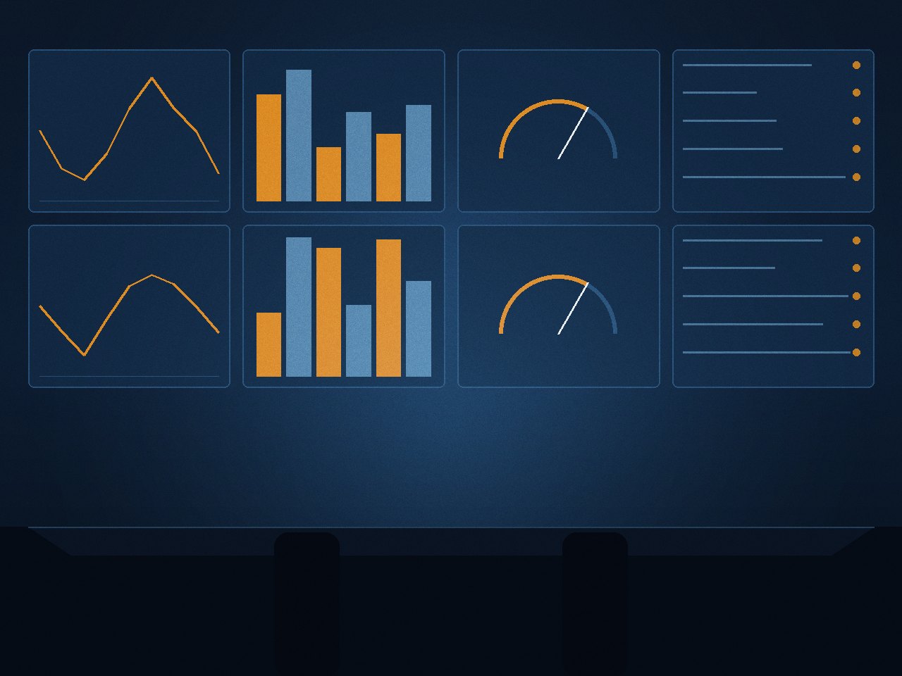 A clean modern industrial control room with wall-mounted monitoring screens and dashboards displaying process data