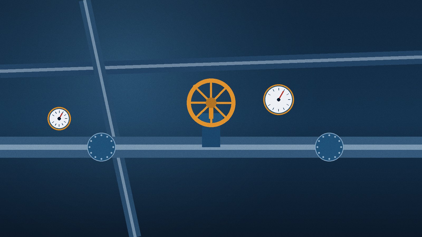 A close-up of industrial pipeline valves, flanges, and pressure gauges inside a process facility, finished in steel and safety colours
