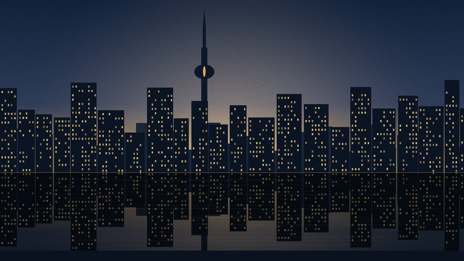 The downtown Toronto skyline at dusk, office towers lit against a deep blue evening sky